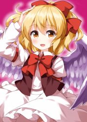 Rule 34 | 1girl, :d, black vest, blonde hair, bow, bowtie, cowboy shot, dress, frilled dress, frills, gengetsu (touhou), hair bow, hand in own hair, highres, long sleeves, looking at viewer, open mouth, orange eyes, pink background, red bow, red bowtie, ruu (tksymkw), short hair, simple background, smile, solo, standing, touhou, touhou (pc-98), vest, white dress, white wings, wings