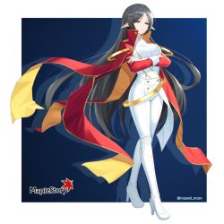 Rule 34 | belt, black hair, breasts, cape, dress, highres, large breasts, long hair, looking down, maemi (maemi12), maplestory, pants, parted bangs, pointy ears, red cape, simple background, solo, white dress, white footwear, white pants