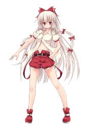 Rule 34 | 1girl, :3, adapted costume, bare legs, belt, blush, bow, dress shirt, female focus, fujiwara no mokou, hair bow, hand in pocket, highres, long hair, looking at viewer, navel, red eyes, shirt, shorts, simple background, smile, solo, standing, suspenders, touhou, very long hair, white hair, white shirt, zi se