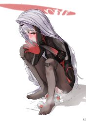 Rule 34 | 1girl, absurdres, armored bodysuit, black bodysuit, blush, bodysuit, goddess of victory: nikke, grey bodysuit, grey hair, halo, hand on own cheek, hand on own face, highres, k.uncomfortable, long hair, looking at viewer, red eyes, rose (nikke), see-through, solo, squatting, trembling, very long hair, waving, white background