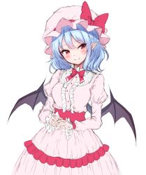 Rule 34 | 1girl, bat wings, blue hair, blush, bow, bowtie, breasts, commentary, cowboy shot, dress, frilled dress, frills, hat, hat bow, head tilt, highres, juliet sleeves, junior27016, long sleeves, looking at viewer, medium breasts, mob cap, own hands together, pink dress, pink hat, pointy ears, puffy sleeves, red bow, red bowtie, red eyes, red sash, remilia scarlet, sash, short hair, simple background, smile, solo, standing, touhou, white background, wings
