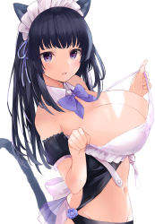 Rule 34 | 1girl, absurdres, animal ears, bare shoulders, black hair, black panties, blush, bow, bowtie, breasts, cat ears, cat girl, cat tail, cleavage, cowboy shot, detached collar, detached sleeves, eyelashes, groin, highres, huge breasts, large breasts, long hair, looking at viewer, maid, maid headdress, navel, original, panties, parted lips, purple eyes, revealing clothes, simple background, solo, stomach, strap pull, tail, tomura2maru, underwear, white background