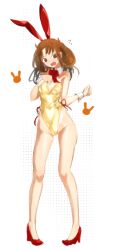Rule 34 | 1girl, alternate costume, animal ears, bare shoulders, blush, bow, bowtie, breasts, brown eyes, brown hair, burleciel, cleavage, commentary request, detached collar, fake animal ears, flying sweatdrops, full body, high heels, highleg, highleg leotard, highres, leotard, long hair, looking at viewer, medium breasts, open mouth, parted bangs, playboy bunny, rabbit ears, red bow, red bowtie, red footwear, solo, strapless, strapless leotard, tsukihime, two side up, white background, yellow leotard, yumizuka satsuki