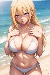 Rule 34 | ai-generated, animegirl, beach, bikini, breasts, cleavage, fairy tail, highres, large breasts, navel, selene (fairy tail), swimsuit