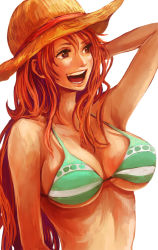Rule 34 | 1girl, bad id, bad pixiv id, bikini, bikini top only, breasts, brown eyes, brown hair, green bikini, hat, large breasts, long hair, nami (one piece), one piece, open mouth, red hair, simple background, smile, solo, straw hat, swimsuit, tsuyomaru