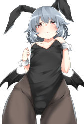 Rule 34 | 1girl, :o, animal ears, bare shoulders, bat wings, black pantyhose, breasts, fake animal ears, from below, grey hair, highres, kz oji, leotard, looking at viewer, pantyhose, playboy bunny, rabbit ears, red eyes, remilia scarlet, short hair, simple background, slit pupils, small breasts, solo, thigh gap, touhou, white background, wings, wrist cuffs