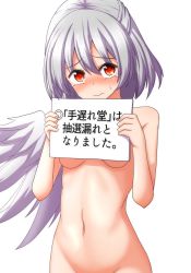 Rule 34 | 1girl, blush, breasts, commentary request, embarrassed, feathered wings, groin, hair between eyes, hands up, head tilt, highres, holding, holding sign, kishin sagume, medium breasts, navel, nose blush, nude, out-of-frame censoring, red eyes, short hair, sign, silver hair, simple background, single wing, solo, standing, sweat, sweatdrop, tears, teoi (good chaos), touhou, translation request, upper body, wavy mouth, white background, white wings, wings