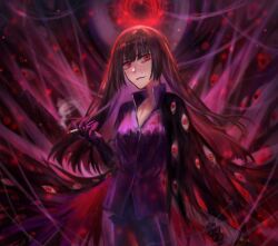 Rule 34 | 1girl, absurdres, black cape, black hair, bodysuit, cape, cigarette, colored inner hair, e.g.o (project moon), extra eyes, gloves, highres, holding, holding weapon, huanxue, jacket, limbus company, long hair, looking at viewer, multicolored hair, ootachi, project moon, purple bodysuit, purple gloves, purple jacket, red eyes, ryoshu (project moon), sheath, sheathed, silk, smoke, solo, spider bud, spider web, very long hair, weapon