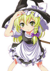 Rule 34 | 1girl, adjusting clothes, adjusting headwear, apron, black dress, blonde hair, bow, braid, dress, female focus, hair ribbon, hat, hat bow, highres, kirisame marisa, long hair, looking at viewer, ma-yu, open mouth, puffy sleeves, ribbon, short sleeves, simple background, single braid, solo, touhou, waist apron, white background, witch hat, yellow eyes