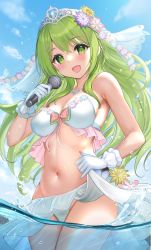 Rule 34 | 1girl, :d, akabane (zebrasmise), armpit crease, bare arms, bare shoulders, bikini, breasts, day, flower, front-tie bikini top, front-tie top, gloves, green eyes, green hair, hair flower, hair ornament, hand up, highres, holding, jewelry, medium breasts, microphone, morinaka kazaki, navel, necklace, nijisanji, open mouth, outdoors, sarong, sidelocks, smile, solo, stomach, summer, sunlight, swimsuit, tiara, veil, virtual youtuber, wading, water, white bikini, white gloves