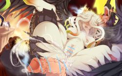 Rule 34 | 1girl, 2boys, :&lt;, angel wings, artist request, ass, ass focus, ass grab, aura, black wings, blush, breasts, cape, censored, cheeso art, cum, cum in pussy, digimon, giant, giantess, hair over eyes, heavy breathing, hetero, highres, horns, huge ass, huge penis, large breasts, legs apart, long tongue, looking at another, lying on person, mecha, millenniumon, monster girl, multiple arms, multiple boys, navel, no humans, no nipples, omegamon, ordinemon, penis, red eyes, reverse cowgirl position, robot, sex, sex from behind, sharp teeth, shiny skin, simple background, straddling, teeth, tentacle hair, testicles, tongue, tongue out, vaginal, veins, veiny penis, wings