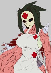 Rule 34 | 1girl, absurdres, blue eyes, breasts, green hair, highres, hospital gown, ileum (skullgirls), large breasts, mask, monster, patch (white tofu), skullgirls, solo, upper body