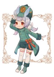 Rule 34 | 1girl, animal ear legwear, animal ears, arm up, blush, boots, buttons, closed mouth, coat, commentary request, eyelashes, fold-over boots, full body, genshin impact, gloves, gradient hair, green coat, green footwear, green hat, green shorts, grey hair, hair ornament, hat, heart, long hair, long sleeves, looking at viewer, low twintails, multicolored hair, nami harakamiaka, pocket, pom pom (clothes), pom pom hair ornament, puffy shorts, red eyes, salute, short shorts, shorts, sidelocks, sigewinne (genshin impact), simple background, sleeve cuffs, smile, solo, split mouth, standing, thighhighs, twintails, uniform, white background, white gloves, white thighhighs