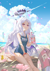 Rule 34 | 1girl, absurdres, ahoge, bare shoulders, beach, blue archive, blue sky, breasts, closed mouth, cloud, cloudy sky, contrail, cup, day, demon horns, demon wings, drink, drinking straw, feet out of frame, flower, hair ornament, hairclip, halo, highres, hina (blue archive), hina (swimsuit) (blue archive), holding, holding cup, horizon, horns, innertube, itoucon, long hair, low wings, nail polish, name tag, ocean, official alternate costume, old school swimsuit, one-piece swimsuit, outdoors, parted bangs, petals, pink flower, purple eyes, school swimsuit, scrunchie, sitting, sky, small breasts, smile, solo, swim ring, swimsuit, very long hair, whistle, whistle around neck, white hair, wings