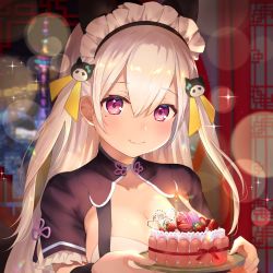 Rule 34 | 1girl, breasts, cake, candle, character request, cleavage, copyright request, food, fruit, hair between eyes, hair ornament, happy birthday, highres, holding, holding plate, indoors, large breasts, lens flare, long hair, looking at viewer, macaron, maid, maid headdress, mole, mole under eye, omelet tomato, plate, purple eyes, short sleeves, shrug (clothing), smile, solo, strawberry, upper body, very long hair, virtual youtuber, white hair