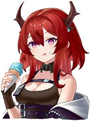 Rule 34 | 1girl, :q, arknights, bare shoulders, black collar, black dress, black gloves, black jacket, breasts, cleavage, collar, demon horns, detached collar, dress, fingerless gloves, food, food on face, gloves, hair between eyes, hand up, highres, holding, holding food, horns, ice cream, ice cream cone, id card, jacket, long hair, medium breasts, off shoulder, open clothes, open jacket, purple eyes, red hair, scarlet23i0, simple background, sleeveless, sleeveless dress, solo, surtr (arknights), tongue, tongue out, upper body, white background