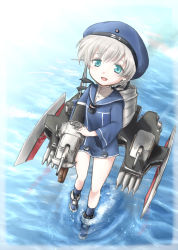 Rule 34 | 10s, 1girl, beret, blonde hair, blue eyes, cannon, clothes writing, dress, from above, gun, hat, kantai collection, looking up, ocean, open mouth, red-50869, sailor collar, sailor dress, sailor hat, short hair, solo, torpedo, turret, water, weapon, z1 leberecht maass (kancolle)