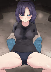 Rule 34 | 1girl, absurdres, black shirt, blue archive, blue buruma, blue jacket, blush, breasts, buruma, desukanure, feet out of frame, halo, highres, indoors, jacket, jacket partially removed, medium breasts, on bed, purple hair, shirt, sitting, solo, spread legs, steam, steaming body, sweaty clothes, yuuka (blue archive), yuuka (track) (blue archive)
