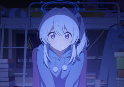 Rule 34 | 1girl, alternate costume, alternate hairstyle, artist request, bad link, bed, blue archive, book, chair, collarbone, grey hair, hair between eyes, hair ornament, halo, highres, long hair, looking at viewer, miyako (blue archive), miyako (young) (blue archive), official art, pajamas, purple eyes, sitting, solo, watching television