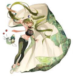Rule 34 | 1girl, arm up, armpits, breasts, brown eyes, cape, character print, commentary request, creatures (company), double bun, floating hair, flygon, game freak, gen 3 pokemon, green hair, green pants, green pupils, ground miku (project voltage), hair between eyes, hair bun, hatsune miku, highres, iruri (illi 77), long hair, looking at viewer, medium breasts, midriff, navel, nintendo, pants, poke ball, poke ball (basic), pokemon, pokemon (creature), project voltage, scroll, shoes, solo, tongue, tongue out, trapinch, twintails, vocaloid, white footwear