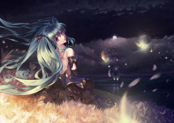 Rule 34 | 1girl, absurdres, aqua hair, bare back, blue eyes, cloud, detached sleeves, dress, elbow gloves, flower, full moon, gloves, glowing, hatsune miku, highres, lighthouse, long hair, looking back, moon, nishiro ryoujin, solo, twintails, very long hair, vocaloid