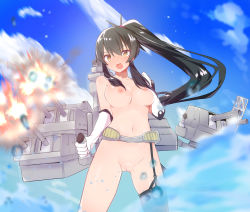 Rule 34 | 1girl, black hair, blue sky, blush, breasts, caburi, caburi aki, cleft of venus, collarbone, female focus, gloves, highres, kantai collection, legs apart, long hair, machinery, medium breasts, navel, nipples, nude, open mouth, pussy, shiny skin, single thighhigh, sky, solo, thighhighs, uncensored, v-shaped eyebrows, weapon, white gloves, yahagi (kancolle)