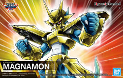 Rule 34 | armor, bandai, box art, character name, clenched hands, copyright name, digimon, digimon (creature), digimon adventure 02, logo, looking to the side, magnamon, no humans, official art, pink eyes, solo, tail