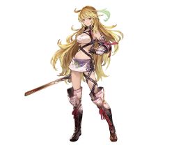 Rule 34 | 10s, 1girl, belt, blonde hair, boots, cross-laced footwear, crossover, full body, granblue fantasy, lace-up boots, long hair, midriff, milla maxwell, minaba hideo, navel, official art, red eyes, skirt, smile, solo, sword, tales of (series), tales of xillia, thigh boots, thighhighs, transparent background, weapon