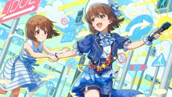 Rule 34 | brown eyes, brown hair, dress, fingerless gloves, game cg, gloves, hagiwara yukiho, hat, holding hands, idolmaster, idolmaster million live!, idolmaster million live! theater days, microphone, official art, open mouth, road sign, sign