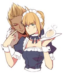 Rule 34 | 1boy, 1girl, anger vein, artoria pendragon (all), artoria pendragon (fate), bad id, bad pixiv id, baozi, blonde hair, carnival phantasm, cocopps, fate/stay night, fate (series), food, gilgamesh (fate), green eyes, maid, middle finger, official alternate costume, red eyes, saber (fate), short hair, white background
