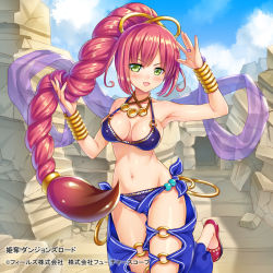 Rule 34 | 1girl, armor, armpits, bikini armor, blush, bracelet, braid, breasts, cleavage, green eyes, himedatsu! dungeons lord, jewelry, kidatsu! dungeons lord, large breasts, long hair, navel, official art, otosume ruiko, red hair, ring, smile, solo, standing, very long hair