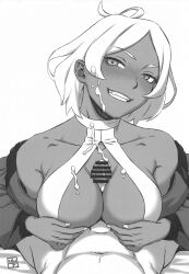 Rule 34 | 1boy, 1girl, absurdres, amano kotone (ichigo jet), artist name, asticassia school uniform, breasts, breasts squeezed together, cum, dark-skinned female, dark skin, ejaculation, erection, facial, greyscale, gundam, gundam suisei no majo, halter leotard, halterneck, highres, jacket, large breasts, leotard, looking at another, monochrome, naughty face, open clothes, open jacket, paizuri, scan, secelia dote, short shorts, shorts, wide hips