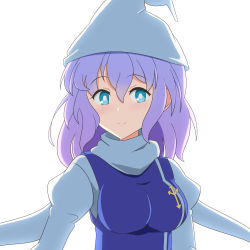 Rule 34 | 1girl, blue eyes, breasts, cato (monocatienus), commentary, hat, juliet sleeves, large breasts, letty whiterock, long hair, long sleeves, looking at viewer, puffy sleeves, purple hair, purple vest, shirt, simple background, smile, solo, touhou, upper body, vest, white background, white shirt