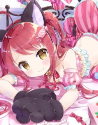 Rule 34 | 1girl, :3, absurdres, ahoge, animal ears, animal hands, bad id, bad twitter id, bare shoulders, bed, bell, black gloves, black hairband, blush, bow, breasts, brown eyes, candy hair ornament, cat ears, cleavage, closed mouth, collarbone, commentary request, copyright request, crop top, detached sleeves, fake animal ears, food-themed hair ornament, gloves, hair ornament, hairband, head tilt, highres, jingle bell, long hair, looking at viewer, neki (wakiko), on bed, paw gloves, pink skirt, pink sleeves, polka dot, puffy short sleeves, puffy sleeves, red bow, red hair, short sleeves, sidelocks, skirt, small breasts, solo, strapless, striped clothes, striped skirt, striped sleeves, twintails, vertical-striped clothes, vertical-striped skirt