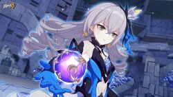 Rule 34 | 1girl, blue gloves, breasts, bronya zaychik, bronya zaychik (herrscher of reason), crown, drill hair, earrings, gloves, grey hair, highres, holding, honkai (series), honkai impact 3rd, jewelry, logo, long sleeves, navel, official art, official wallpaper, open mouth, orb, small breasts, solo