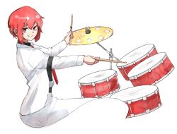 Rule 34 | 1641 (chfhrtor94), 1girl, black shirt, commentary request, drum, drum set, drumsticks, grin, holding, holding drumsticks, horikawa raiko, instrument, jacket, necktie, open clothes, open jacket, red eyes, red hair, red necktie, shirt, short hair, simple background, sitting, skirt, smile, solo, suit jacket, touhou, white background, white jacket, white skirt