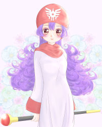 Rule 34 | 1girl, absurdres, blush, breasts, brown eyes, closed mouth, curly hair, dragon quest, dragon quest ii, dress, flower, highres, hood, long hair, looking at viewer, milon cas, princess, princess of moonbrook, purple hair, robe, solo, staff