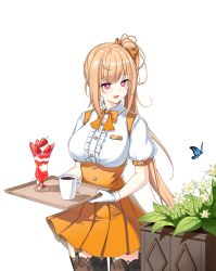 Rule 34 | 1girl, :d, alternate hair color, badge, blue butterfly, bow, bowtie, breasts, bright pupils, brown thighhighs, bug, butterfly, center frills, closers, coffee, coffee cup, collared shirt, cowboy shot, cup, disposable cup, drinking glass, flower, flower bed, food, frills, fruit, garter straps, gloves, hair bow, high-waist skirt, highres, holding, holding tray, ice cream, insect, lace, lace-trimmed thighhighs, large breasts, long hair, looking at animal, miniskirt, mirae (closers), official art, open mouth, orange bow, orange bowtie, orange hair, orange skirt, pink eyes, pleated skirt, ponytail, puffy short sleeves, puffy sleeves, shirt, short sleeves, skirt, smile, solo, strawberry, strawberry slice, sundae, suspender skirt, suspenders, thighhighs, tray, turning head, underbust, very long hair, waitress, white background, white gloves, white pupils, white shirt, yellow flower, zettai ryouiki
