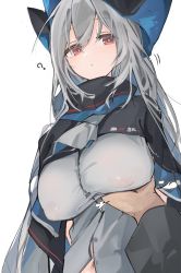 Rule 34 | 1boy, 1girl, ?, arknights, ascot, blush, grabbing another&#039;s breast, breasts, covered erect nipples, grabbing, grey ascot, grey hair, grey shirt, hair between eyes, hat, hetero, highres, large breasts, looking at viewer, mikozin, nipples, no bra, partially unbuttoned, pov, pov hands, red eyes, shirt, simple background, skadi (arknights), upper body, white background