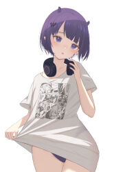 Rule 34 | 1girl, absurdres, animal ears, black hair, blue eyes, blunt bangs, blush, clothes lift, commentary, cowboy shot, embarrassed, flat chest, hair ornament, hairclip, headphones, headphones around neck, highres, hololive, hololive english, looking at viewer, ninomae ina&#039;nis, ninomae ina&#039;nis (loungewear), no pants, official alternate hair length, official alternate hairstyle, one-piece swimsuit, pige pig, pixie cut, pointy ears, print shirt, purple hair, school swimsuit, shirt, shirt lift, short hair, short sleeves, simple background, solo, swimsuit, swimsuit under clothes, t-shirt, virtual youtuber, white background, white shirt