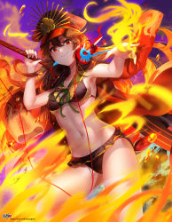 Rule 34 | 1girl, absurdres, arm up, bad id, bad pixiv id, bikini, black bikini, black hat, blush, breasts, brown hair, cape, closed mouth, collarbone, commentary request, family crest, fate/grand order, fate (series), fire, hair between eyes, hat, headphones, headphones around neck, highres, holding, holding sword, holding weapon, katana, koha-ace, kyjsogom, long hair, medium breasts, military hat, navel, oda nobunaga (fate), oda nobunaga (koha-ace), oda nobunaga (swimsuit berserker) (second ascension) (fate), oda uri, peaked cap, red cape, red eyes, smile, solo, swimsuit, sword, very long hair, watermark, weapon, web address