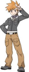 Rule 34 | 1boy, artist request, belt, belt buckle, black belt, blue oak, brown eyes, brown pants, buckle, creatures (company), full body, game freak, grey footwear, grey jacket, hand up, highres, jacket, jewelry, long sleeves, looking at viewer, male focus, necklace, nintendo, official art, orange hair, pants, parted lips, pokemon, pokemon hgss, shirt, shoes, smile, solo, spiked hair, standing, transparent background, white shirt
