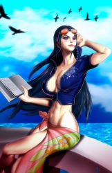 1girl artist_request bird birds black_hair blue_eyes book breasts cleavage cloud curvy eyewear_on_head female_focus holding large_breasts long_hair midriff navel nico_robin ocean one_piece ship sitting skirt sky solo stomach sunglasses thighs toned watercraft zipper