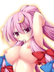 Rule 34 | 1girl, adjusting hair, armpits, betei, blush, bow, breasts, crescent, crescent hair ornament, hair bow, hair ornament, large breasts, looking at viewer, mouth hold, nipples, nude, patchouli knowledge, purple eyes, purple hair, solo, touhou