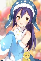 Rule 34 | 1girl, animal costume, animal hat, bare shoulders, blue hair, blush, commentary request, detached sleeves, hair between eyes, hat, highres, long hair, long sleeves, looking at viewer, love live!, love live! school idol festival, love live! school idol project, open mouth, smile, solo, sonoda umi, sunya (honorin-yuunibo), whale shark, yellow eyes