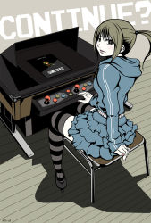Rule 34 | 1girl, arcade, arcade cabinet, chair, controller, flat color, frilled skirt, frills, harada yuuichi, joystick, legs, lips, nail polish, original, ponytail, retro artstyle, skirt, solo, striped clothes, striped thighhighs, thighhighs, video game, zettai ryouiki