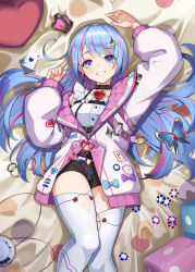 Rule 34 | 1girl, absurdres, ace (playing card), ace of hearts, black choker, black shorts, blue eyes, blue hair, card, choker, club (shape), crown, dice, dollive, earrings, grin, heart, highres, jacket, jewelry, long hair, looking at viewer, lying, maca petty, midriff peek, mini crown, multicolored clothes, multicolored hair, multicolored jacket, navel, on back, open mouth, pink hair, pink jacket, playing card, poker chip, short shorts, shorts, smile, solo, spade (shape), streaked hair, tatty, thighhighs, two-tone jacket, virtual youtuber, white jacket, white thighhighs