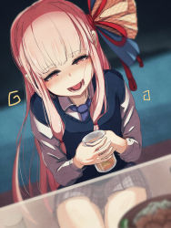Rule 34 | 1girl, :d, absurdres, at2., blush, cup, drinking glass, food, highres, kotonoha akane, long hair, looking at viewer, necktie, open mouth, pink eyes, pink hair, school uniform, sitting, skirt, smile, solo, sweater vest, teeth, tongue, voiceroid