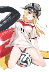 Rule 34 | 10s, 1girl, 2014 fifa world cup, alternate costume, ball, bismarck (kancolle), black panties, blonde hair, blue eyes, blush, brazuca, breasts, cameltoe, covered erect nipples, full body, german flag, germany, hat, highres, kantai collection, long hair, looking at viewer, paint musume, panties, see-through, smile, soccer, soccer ball, solo, underwear, world cup