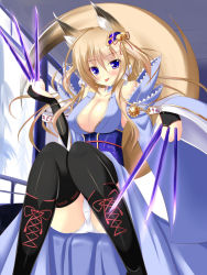 Rule 34 | 1girl, :p, animal ears, bare shoulders, between fingers, black thighhighs, blonde hair, blue eyes, blush, boots, breasts, bridal gauntlets, buttons, claw (weapon), cleavage, collarbone, fox ears, fox tail, hair tubes, holding, japanese clothes, knees together feet apart, large breasts, long hair, long sleeves, looking at viewer, luxuria, original, panties, pantyshot, sitting, tail, thighhighs, tongue, tongue out, underwear, weapon, white panties